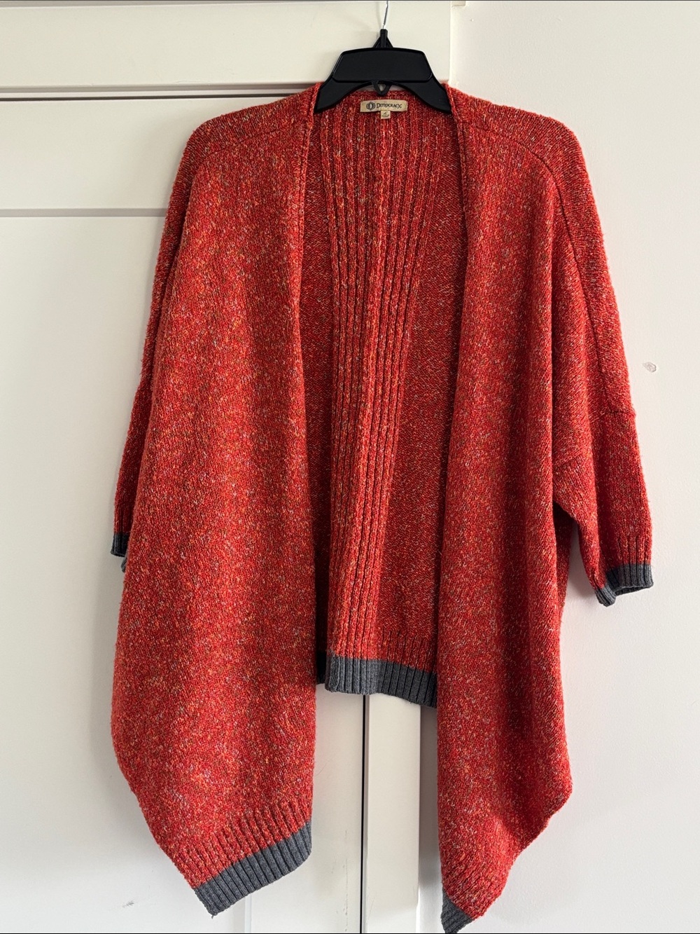 Democracy Red Speckled Open-Front Knit Cardigan with Gray Trim